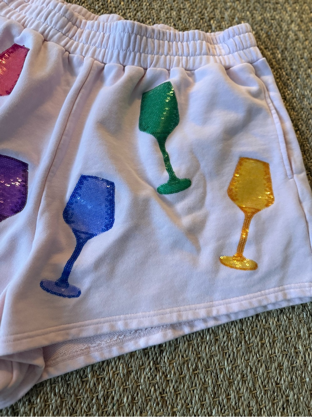 QUEEN OF SPARKLES Light Pink High-Waist Shorts w/Rainbow Sequin Wine Glasses - Picture 3 of 8